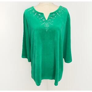 Quacker Factory LG Green Velour Shirt Sequin Velvet Holiday V Neck Christmas Top